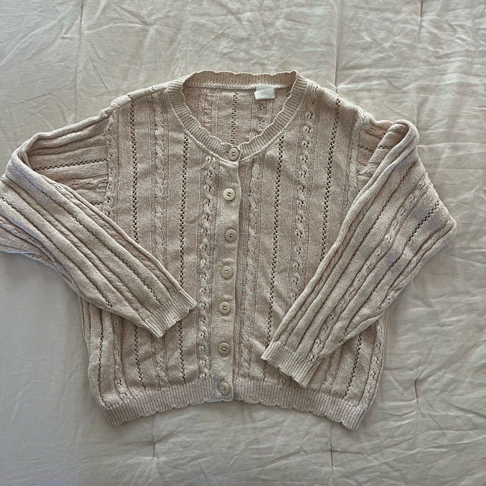 Vintage Light Beige Knit Button-Up Cardigan Sweater